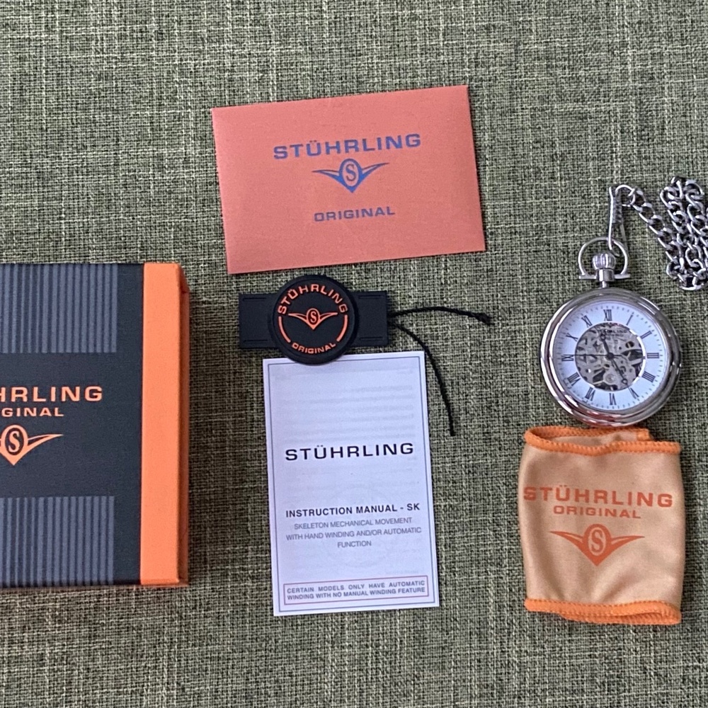 NIB Stuhrling Original Pocket Watch - Skeleton Watch, Mechanical Movement